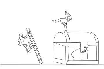 Single continuous line drawing Arabian businesswoman kicks opponent who climbs treasure chest with ladder. Greed for wealth. Betrayal. Unfair business competition. One line design vector illustration