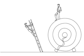 Single continuous line drawing businessman kicks colleague who is climbing the target arrow board with a ladder. The metaphor of getting rid of business destroyers. One line design vector illustration