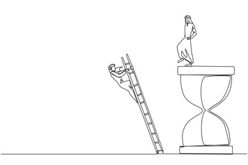 Single one line drawing Arab businessman kicks opponent who climbs the hourglass with a ladder. Not able to complete deadlines well. Dropped roughly. Rival. Continuous line design graphic illustration