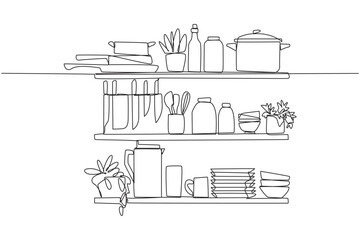 Continuous one line drawing Cooking utensils in one vector image. The layout is very neat. Minimalist design layout. Far from being messy. Clean and clear. Single line draw design vector illustration