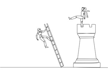 Single one line drawing businesswoman kicks opponent who climbing the chess rook with ladder. Wrong move. Wrong strategy. Plan leaked by colleague. Traitor. Continuous line design graphic illustration