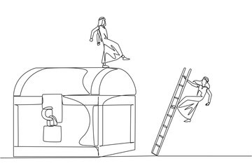 Single continuous line drawing Arabian businessman kicks opponent who climbs treasure chest with ladder. Greed for wealth. Betrayal. Unfair business competition. One line design vector illustration
