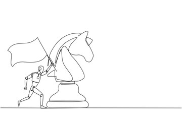 Fototapeta na wymiar Single one line drawing smart robot future technology running and holding flag beside big horse knight chess. Business achievement goal, metaphor concept. Continuous line design graphic illustration