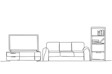 Single continuous line drawing stylish room with full furniture modern. Huge television as a means of entertainment. A relaxing place to spend time on weekends. One line design vector illustration