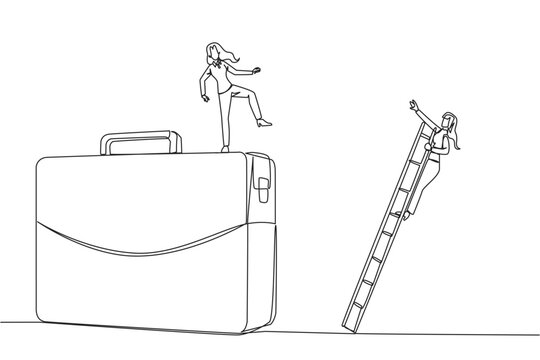 Single continuous line drawing businesswoman kicks opponent who is climbing the briefcase with a ladder. Keep away from intruders who disturb business trips. Rival. One line design vector illustration