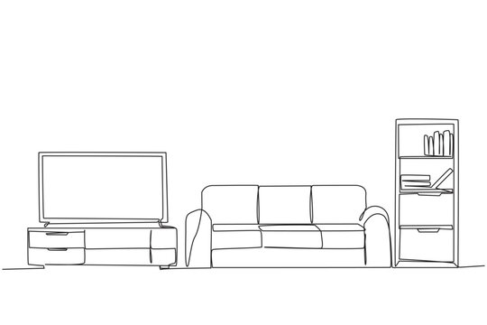 Single continuous line drawing stylish room with full furniture modern. Huge television as a means of entertainment. A relaxing place to spend time on weekends. One line design vector illustration