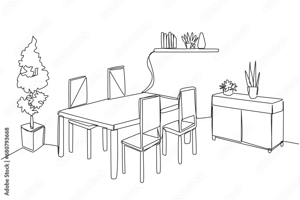 Poster single continuous line drawing old-style dining room. made simple and modern with the presence of se