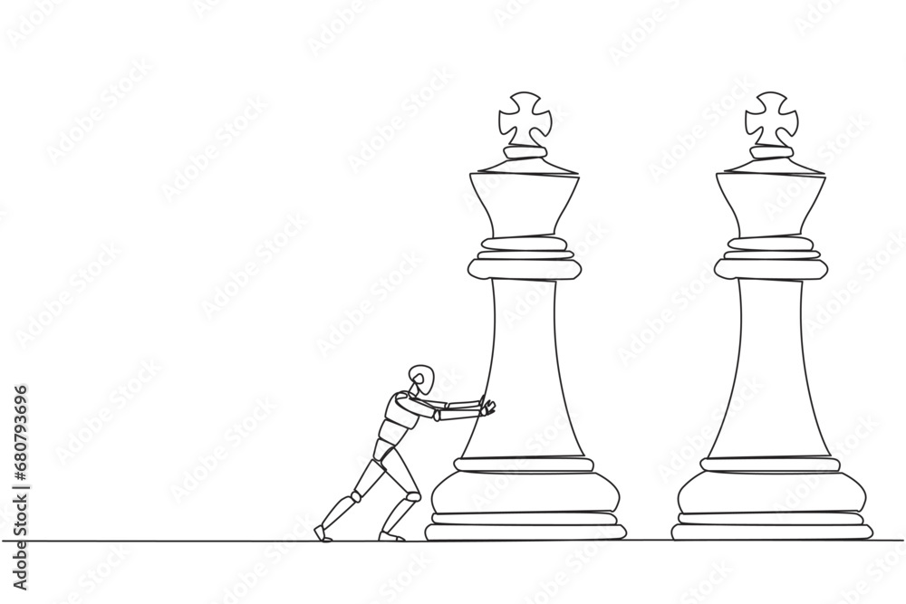 Poster single one line drawing smart robot newest technology push huge king chess piece. business strategy 