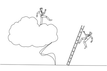 Single continuous line drawing businessman kicks opponent who climbing the cloud with a ladder. Perfect achievement in business. Bring down competitors in any way. One line design vector illustration