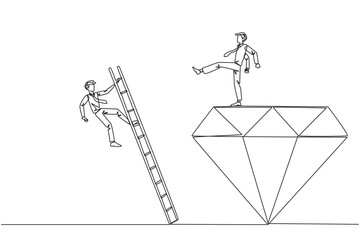 Single continuous line drawing businessman kicks rival who is climbing the diamond with a ladder. Knocking rival down from achieving a glorious position together. One line design vector illustration