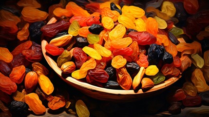 a digital painting of dried fruits in an impressionistic style, capturing their rich colors