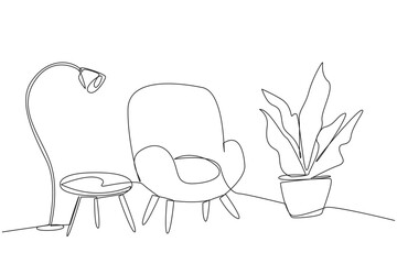 Single continuous line drawing stylish room with full furniture modern. Clean room used to relax on weekend. Soft chairs are equipped with floor lamps. Minimalist. One line design vector illustration