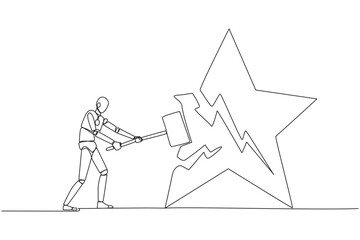 Fototapeta premium Single continuous line drawing smart robot preparing to hit the big star. The destroyer of dream. Failed to get the best career position. Anger overflowed. AI tech. One line design vector illustration