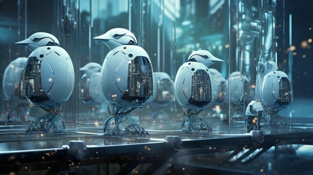 a futuristic and elegant image of robotic birds in a high-tech aviary