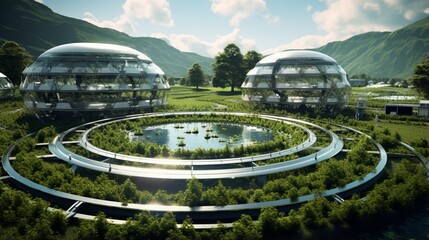 A futuristic, sustainable farm using high-tech agriculture methods