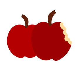 Whole red apple and bitten apple. Cute flat vector illustration Isolated on white background.