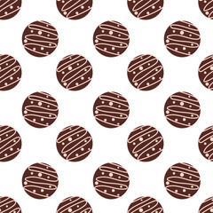 Seamless pattern with chocolates candies in form circle with pink icing. Sweet food background. Vector flat illustration.