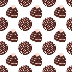 Seamless pattern with chocolates candies with pink icing. Sweet Food Valentine day background. Vector flat illustration.