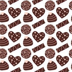 Seamless pattern with chocolates candies in form heart, circle and chocolate bar with pink icing. Valentine day background. Vector flat illustration.