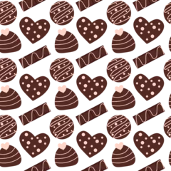 Foto op Canvas Seamless pattern with chocolates candies in form heart, circle and chocolate bar with pink icing. Valentine day background. Vector flat illustration. © Daria Novikova