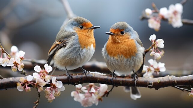 Robins Sitting On Apple Tree Branch , Wallpaper Pictures, Background Hd