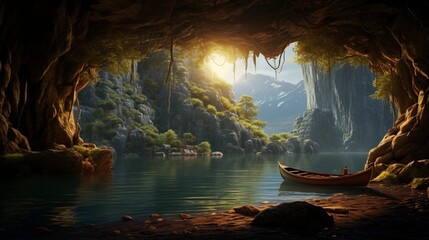 a mesmerizing AI depiction of a lakeside scene with a hidden cave entrance, accessible only by canoe