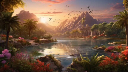 Fototapeta na wymiar a mesmerizing AI depiction of a lakeside oasis in a desert landscape, with palm trees and exotic birds