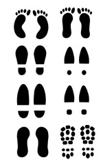 Set of different black foot print. Shoes and foots silhouette imprint collection. Vector flat illustration isolated on white background.