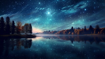 a mesmerizing AI visual of a lakeside scene during a tranquil full moon night, with stars reflected on the surface
