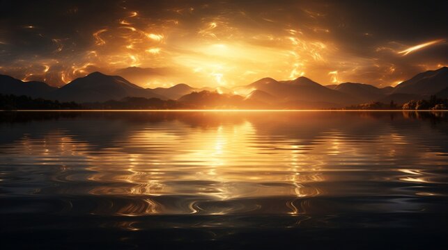 a mesmerizing AI image of a lakeside scene at sunrise, with the first light painting the water in shades of gold