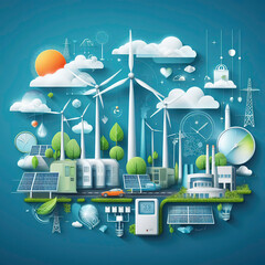  digital art image of a futuristic city, with wind turbines, solar panels, and a clock, on a blue background, with the words 