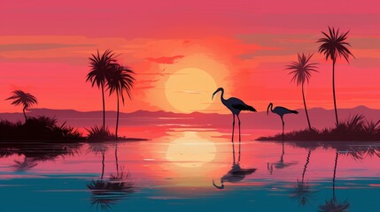 a minimalist yet beautiful image of silhouetted Spoonbills against a vivid, tropical sunset