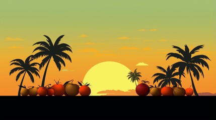 a minimalist yet beautiful image of silhouetted tropical fruits against a tropical sunset background