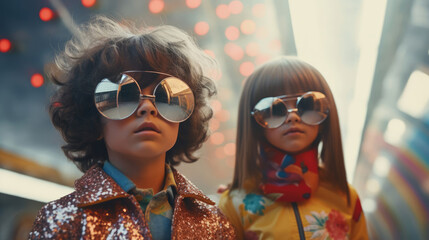 Fashion retro futuristic Children in surrealistic 60s-70s disco club culture life style - obrazy, fototapety, plakaty