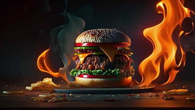 Tasty burger and fire. Created with Generative AI.	
