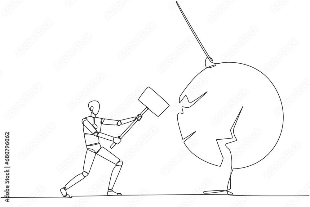Poster single one line drawing smart robotic preparing to hit big swinging pendulum. metaphor eliminate bus