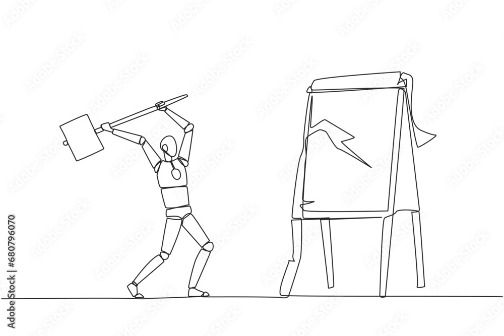 Poster single one line drawing smart robot preparing to hit big flip chart with hammer. rampage. destroy bu