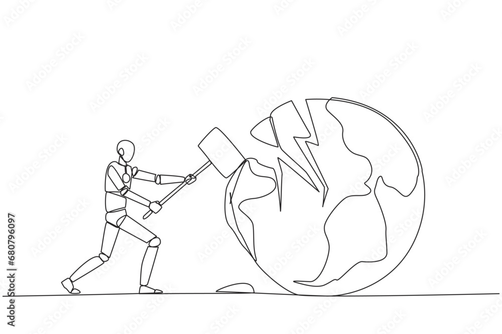 Poster single continuous line drawing smart robotic preparing to hit the big globe. disappointed with the w