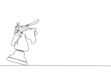 Single one line drawing robotic smart technology riding the big chess horse knight with sword. Strategy, business, competition, achievement goal concept. Continuous line design graphic illustration