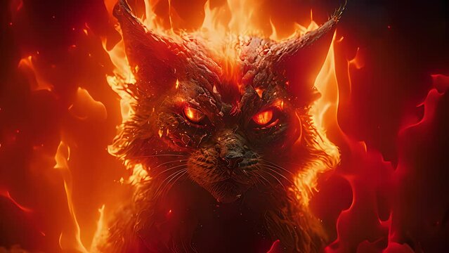 Demonic cat, evil cat in hell. Created with Generative AI.	
