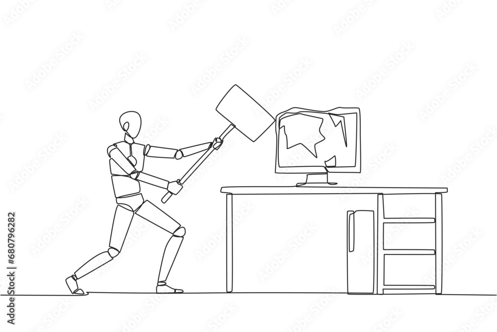 Poster single continuous line drawing smart robotic preparing to hit computer monitor on the work desk. sto