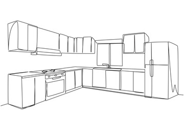Single one line drawing stylish kitchen with full furniture modern. There is a huge two-door refrigerator that adds a luxurious impression to the kitchen. Continuous line design graphic illustration