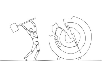 Single continuous line drawing smart robotic preparing to hit the big target arrow board. Rampage. Failed to focus, failed to get the promised reward. Madness. One line design vector illustration