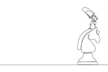 Single one line drawing robotic smart technology standing on top of the  big horse chess and waving a flag. Business achievement goal, metaphor concept. Continuous line design graphic illustration