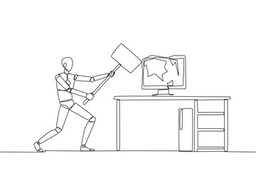 Single continuous line drawing smart robotic preparing to hit computer monitor on the work desk. Stocks that don't rise. Didn't get any profit. Anger escalated. One line design vector illustration