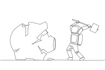 Single one line drawing young astronaut preparing to hit the big piggy bank. Running out of capital. Unprofitable business. Trying new luck. Rise again. Continuous line design graphic illustration