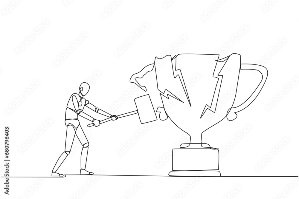 Poster single one line drawing smart robot preparing to hit the big trophy. rampage. expressing mounting an