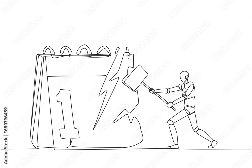 Poster single continuous line drawing smart robotic preparing to hit the big desk calendar. very angry expr