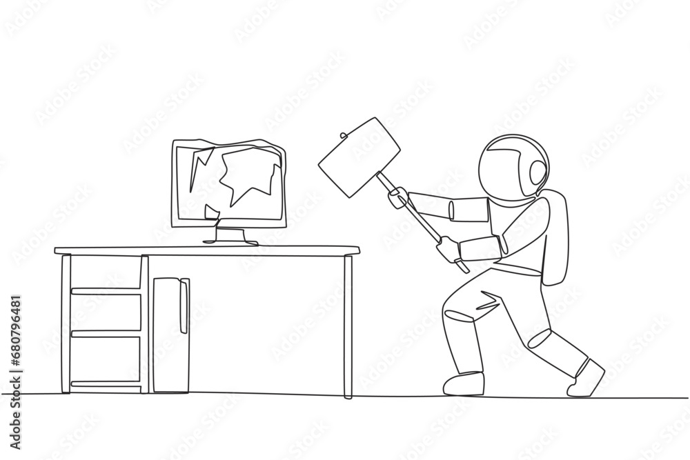Poster single continuous line drawing young astronaut preparing to hit computer monitor on the work desk. s