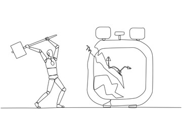 Continuous one line drawing smart robot preparing to hit the big alarm clock. Can't manage time well. Many business opportunities disappear. Angry robotic. Single line draw design vector illustration